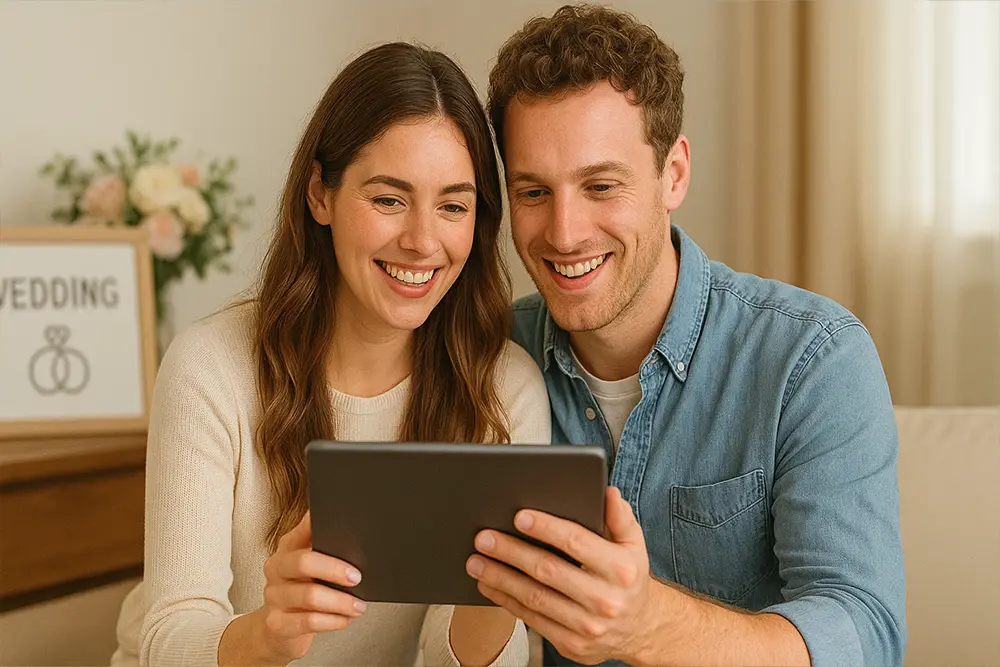 Couple heureux planifiant le budget de leur mariage
