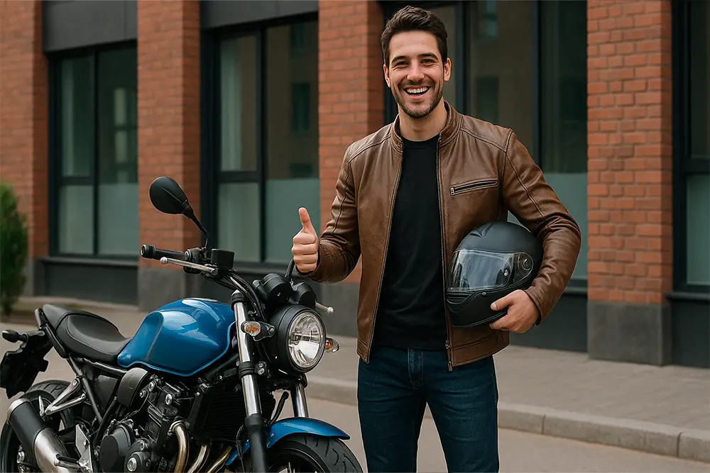 Motard sur une nouvelle moto roadster sur une route de campagne
