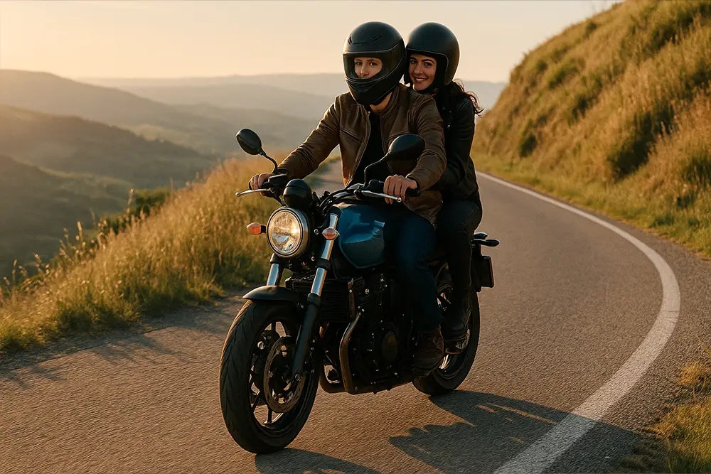 Couple heureux à côté de leur nouvelle moto custom