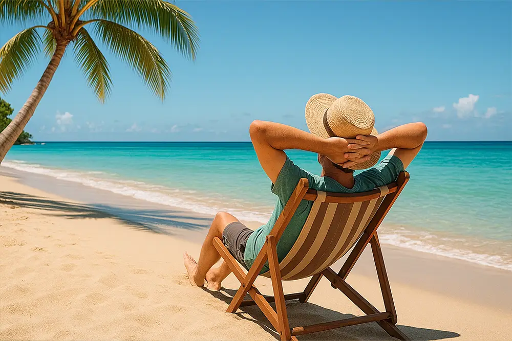 Personne se relaxant sur une plage, symbolisant la tranquillité d'esprit en voyage